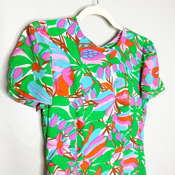 RHODE Lulani Dress White Fleur Tropicale Ruffle Hem Midi Green Floral Dress 4 - Picture 5 of 10